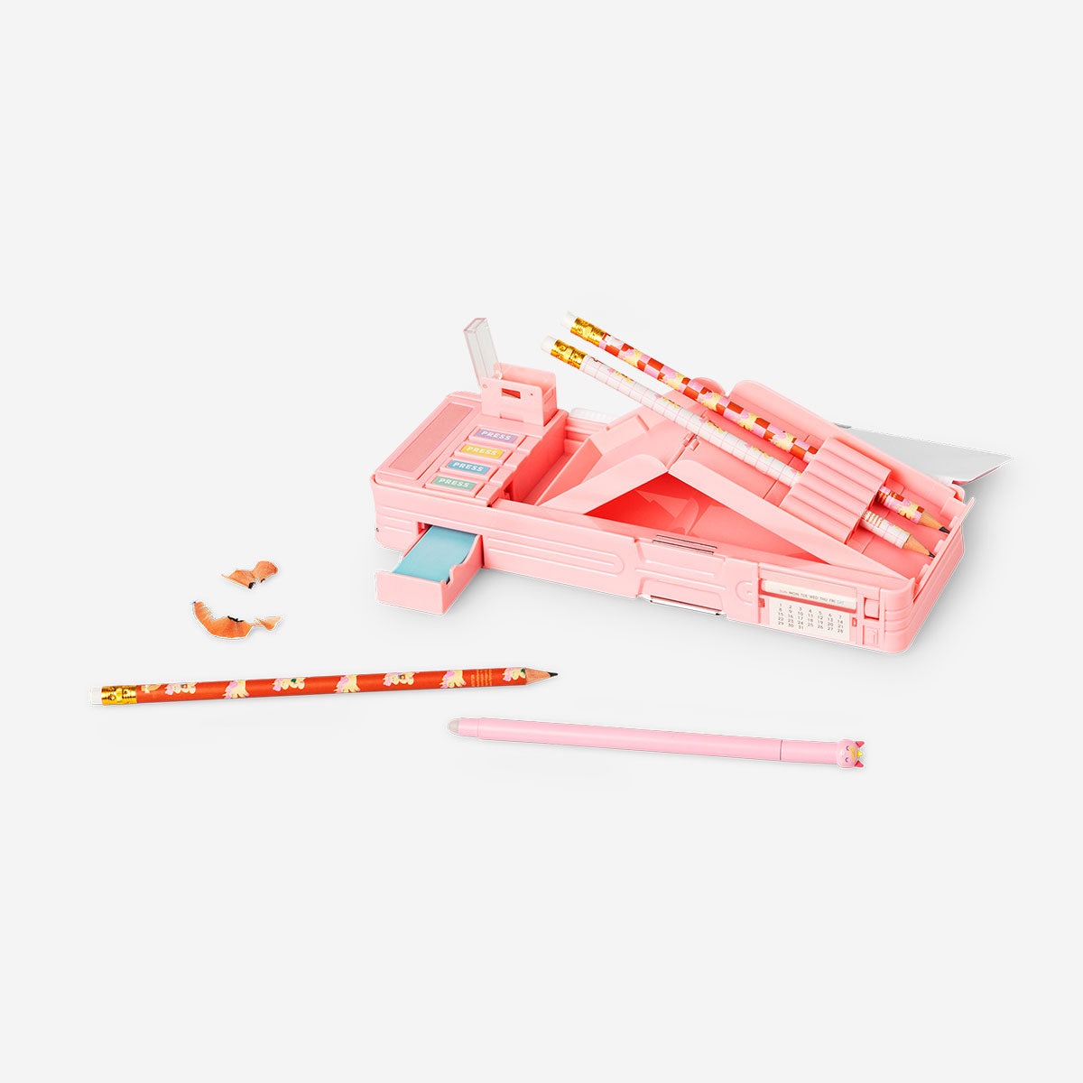 Pink multi-functional office pencil case with a unicorn design by Flying Tiger Copenhagen, featuring multiple compartments and a playful style.