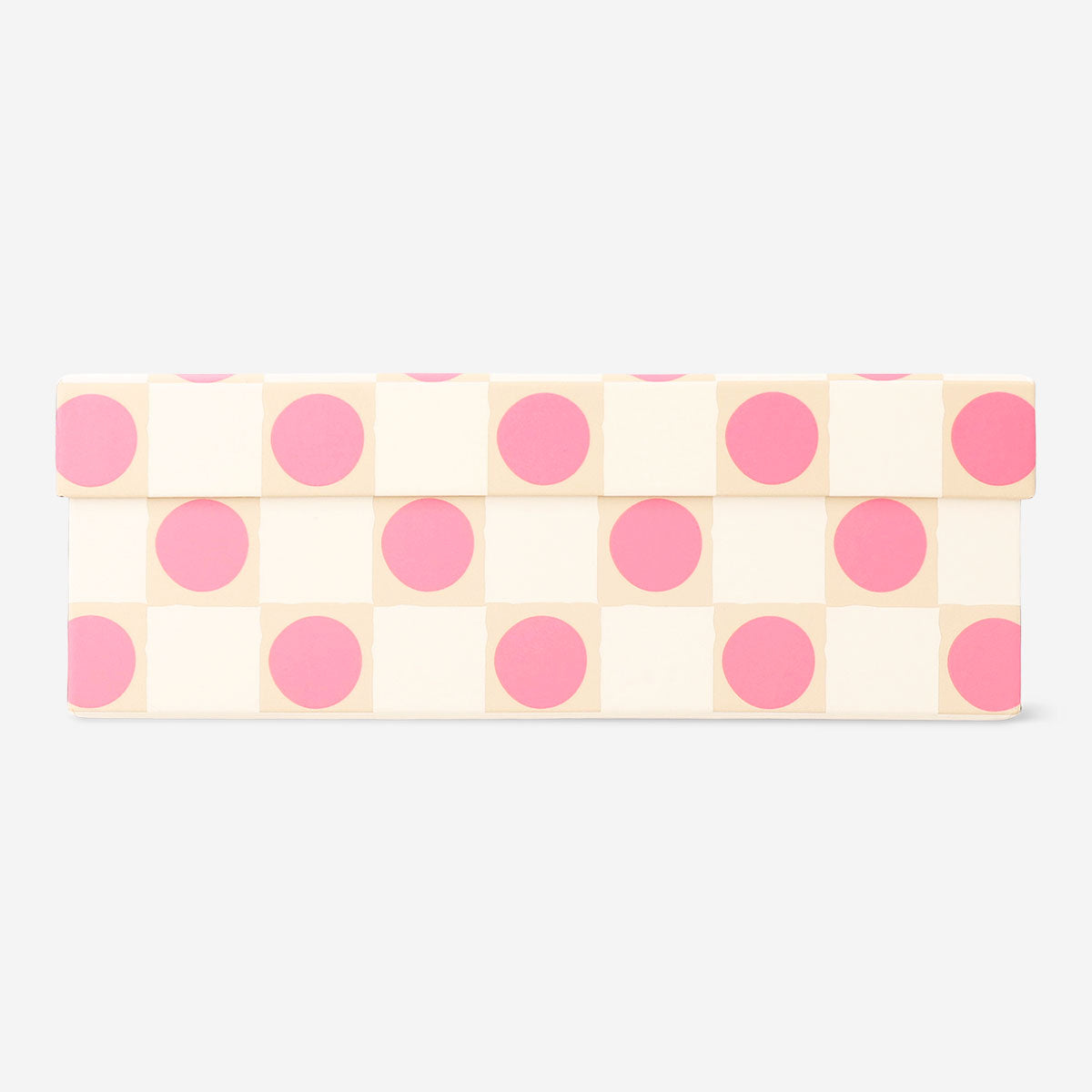 Pink polka dot storage box for home use, 14x20 cm, by Flying Tiger Copenhagen, shown with the box open and contents inside.