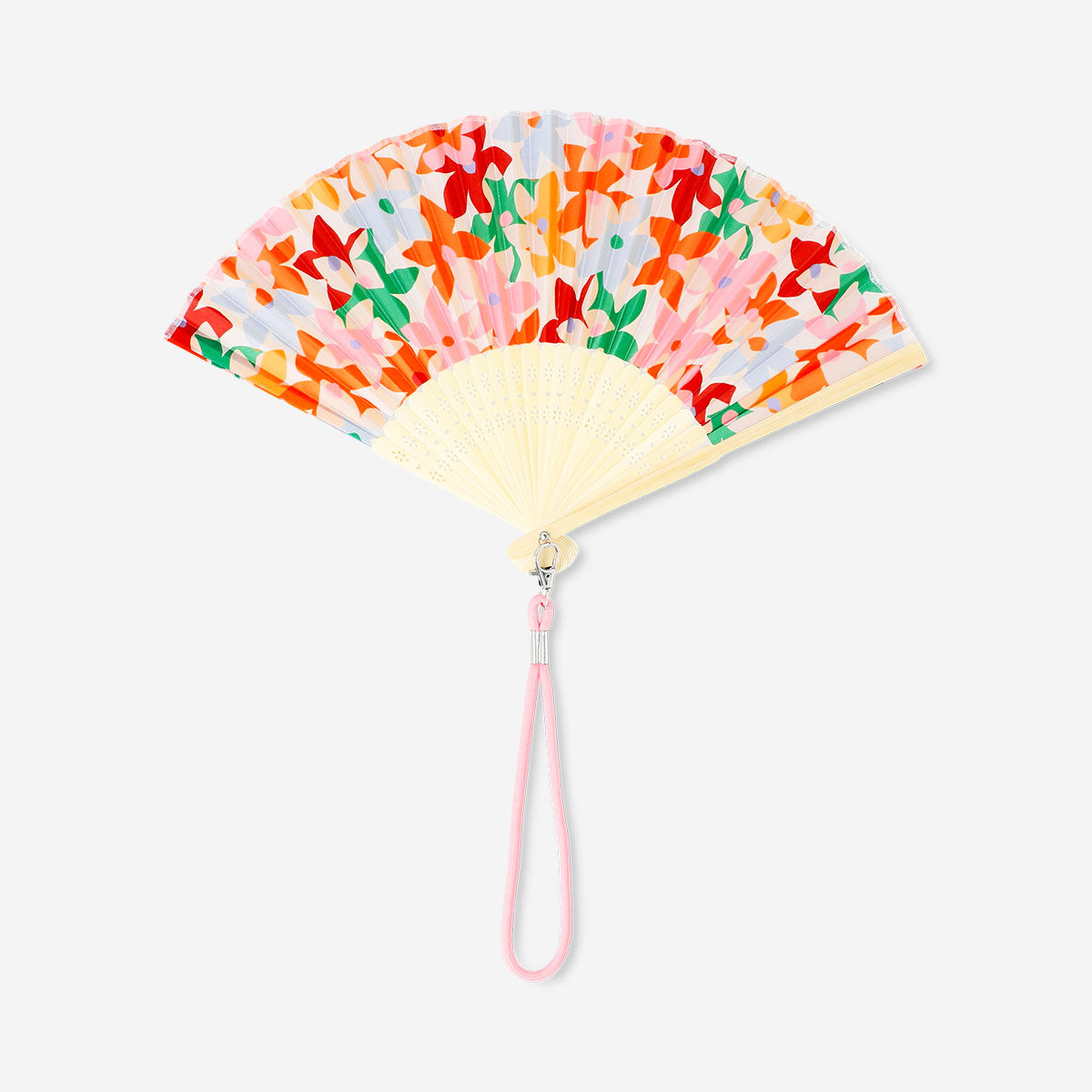 Foldable bamboo fan with flower print and strap, textile product by Flying Tiger Copenhagen, shown open with floral design.