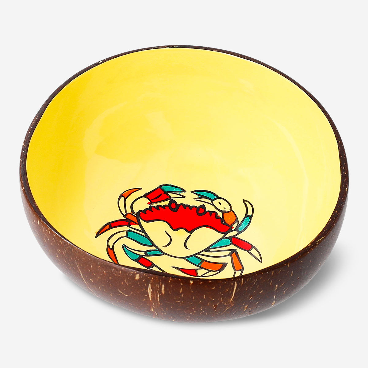 Hand-painted coconut bowl with crab motif, 13 cm, for home decor, featuring vibrant crab design on natural coconut surface.
