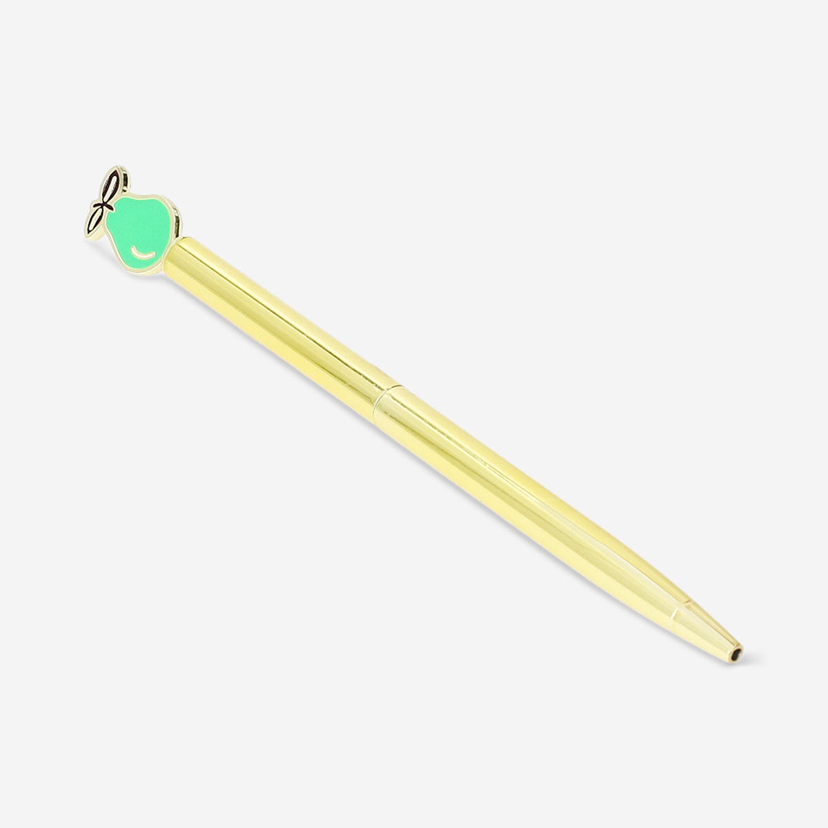 Gold Flying Tiger Copenhagen office ballpoint pen with a green pear-shaped topper on a white background.