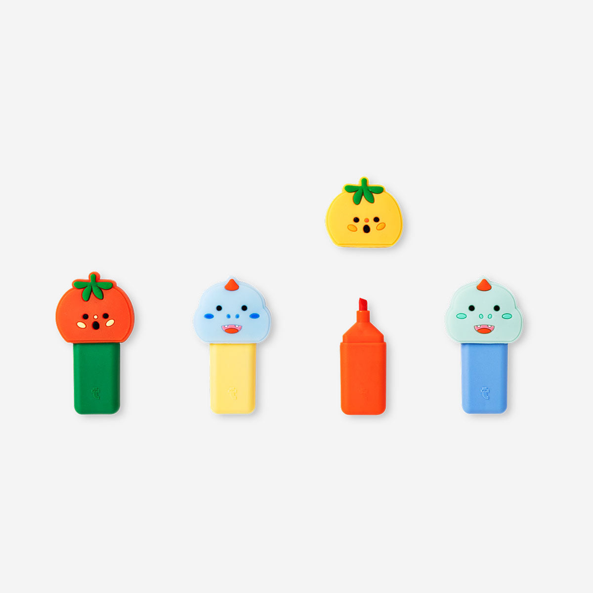 Set of four dinosaur and tomato highlighters from Flying Tiger Copenhagen, colorful office stationery for highlighting text.