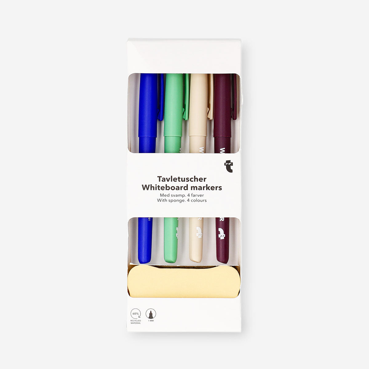 Set of four Flying Tiger Copenhagen whiteboard markers with fine tips for office use, featuring white ink and colorful caps.