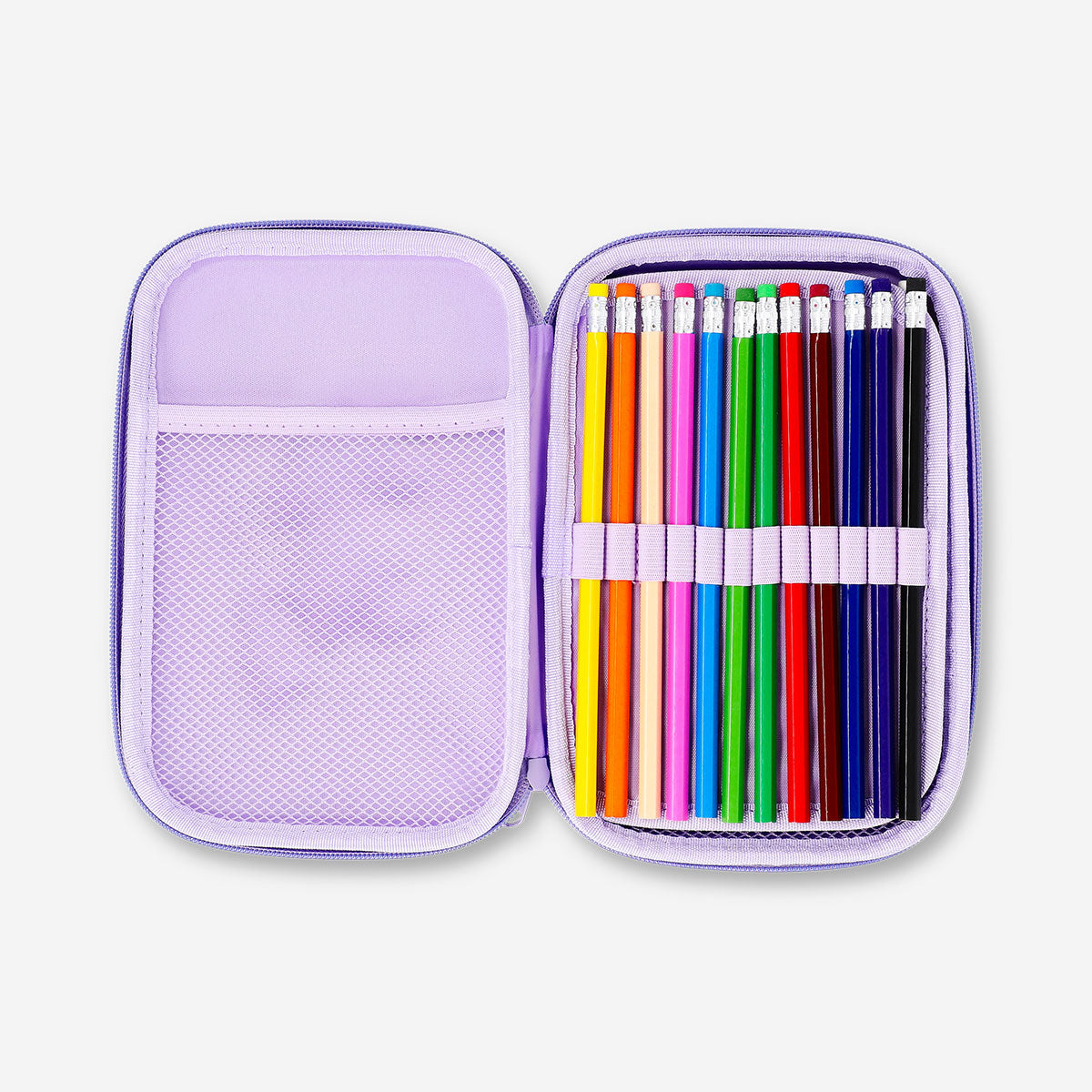Flying Tiger Copenhagen unicorn pencil case with colorful pens and stationery inside, ideal for office and school use.