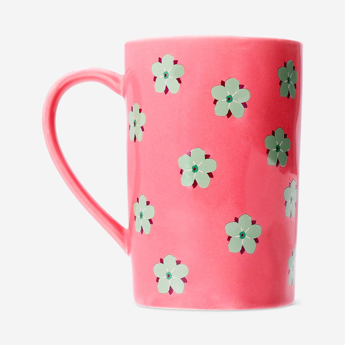 Pink floral mug from Flying Tiger Copenhagen, 570 ml kitchen cup with colorful flower design on smooth ceramic surface.