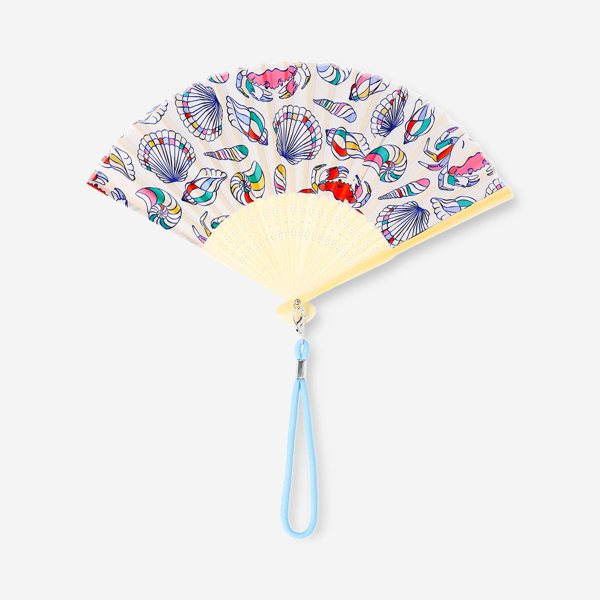 Foldable bamboo fan with sea-themed textile design and strap, by Flying Tiger Copenhagen, perfect for portable summer cooling.