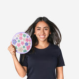Foldable textile fan with abstract floral design by Flying Tiger Copenhagen, featuring vibrant colors and a compact, portable shape.