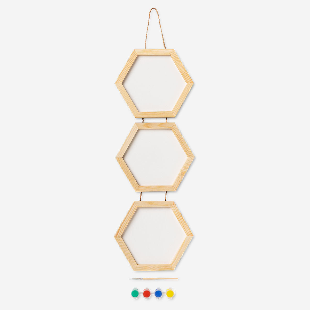 Hobby 3 in 1 hexagonal canvas set by Flying Tiger Copenhagen, featuring colorful hexagonal canvases for artistic projects.