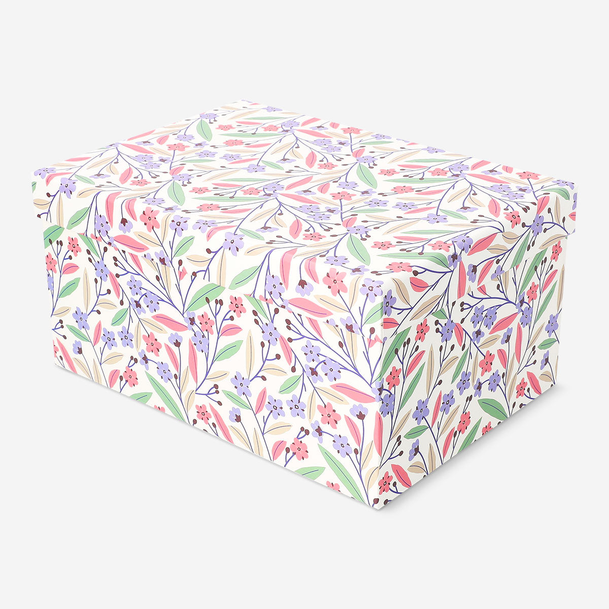 Colorful floral storage box from Flying Tiger Copenhagen, 17x24 cm, featuring vibrant multi-colored flower patterns for home organization.