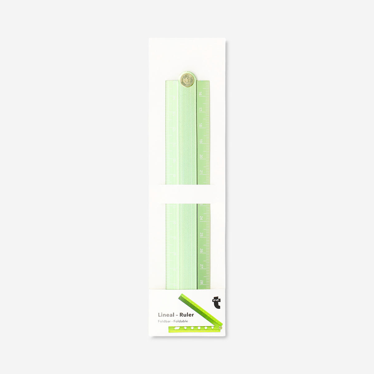 Green foldable office ruler with stencils from Flying Tiger Copenhagen, showing a compact design and stencil patterns.