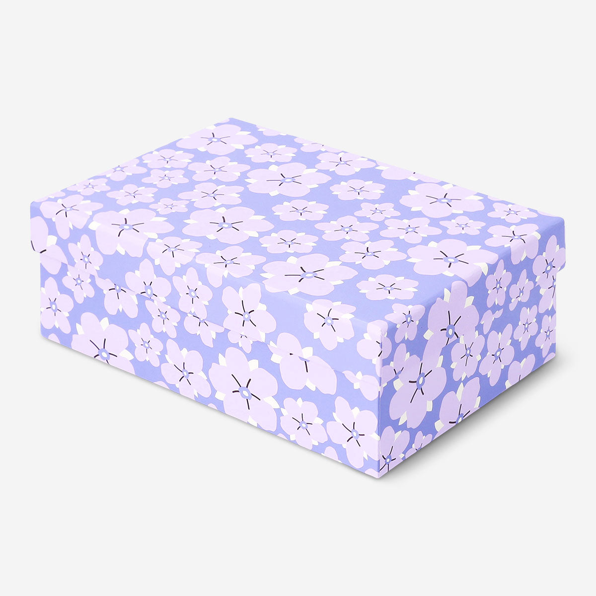 Flying Tiger Copenhagen storage box with purple flower design, 14x20 cm, ideal for organizing home essentials.