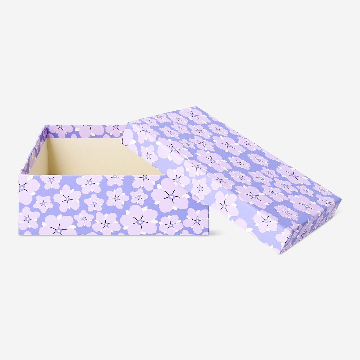 Flying Tiger Copenhagen storage box with purple flower design, 14x20 cm, ideal for home organization and decorative storage.