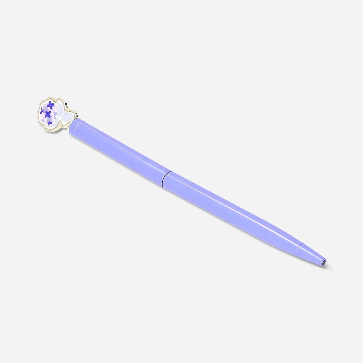 Blue Flying Tiger Copenhagen ballpoint pen with hydrangea flower topper, ideal for office use and writing tasks.