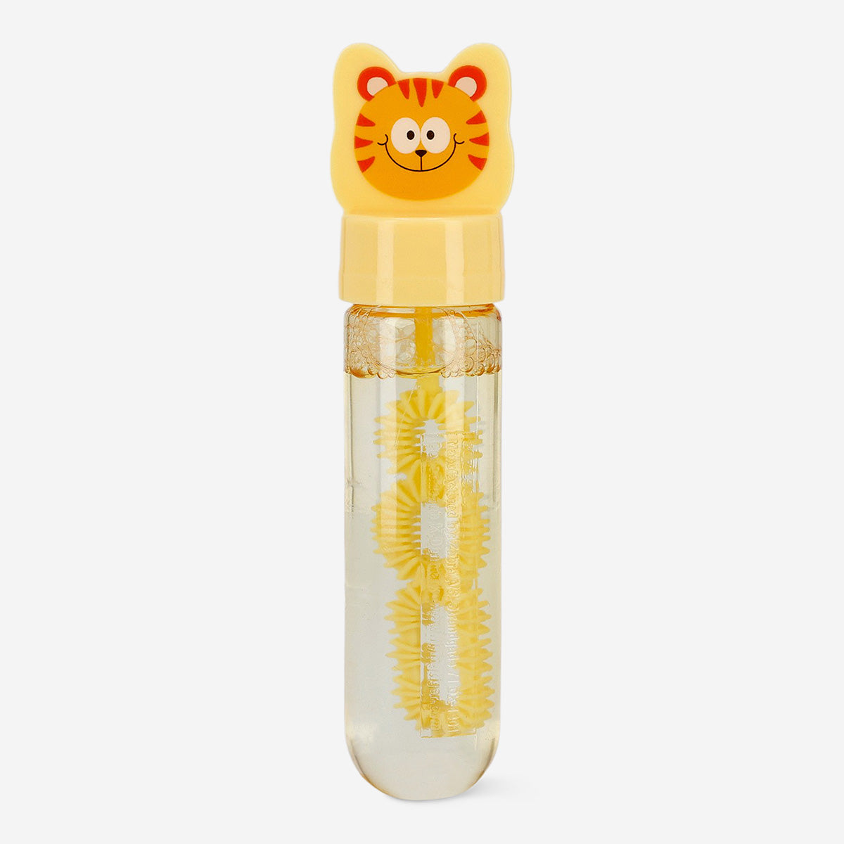 Toy soap bubbles in an orange tiger container by Flying Tiger Copenhagen, with visible bubbles and playful packaging.