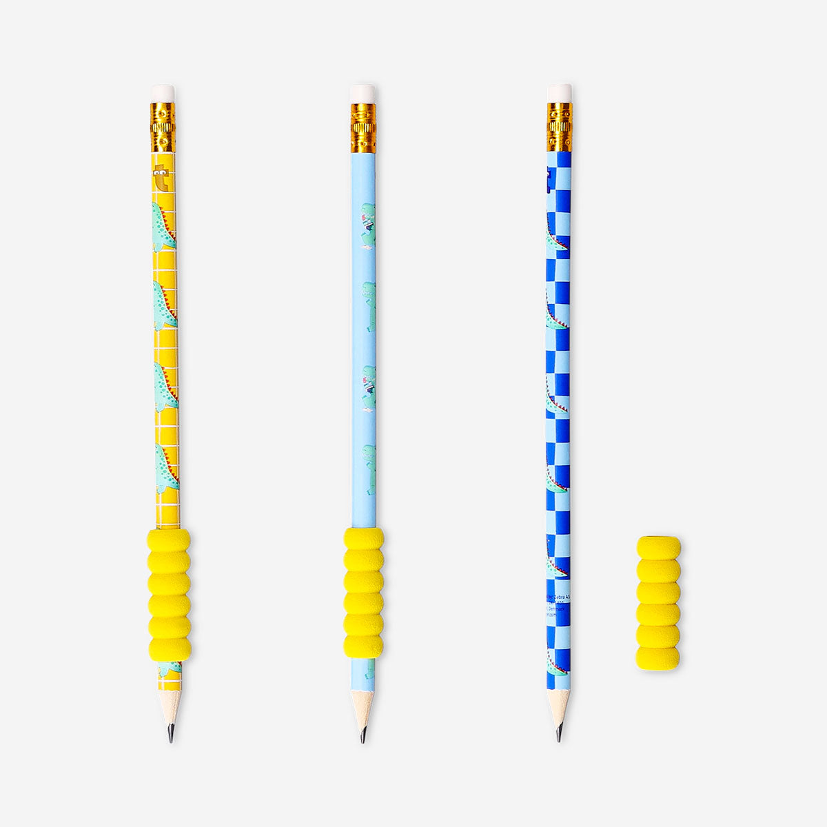 Set of three HB grip pencils with colorful dinosaur print from Flying Tiger Copenhagen, ideal for office or school use.