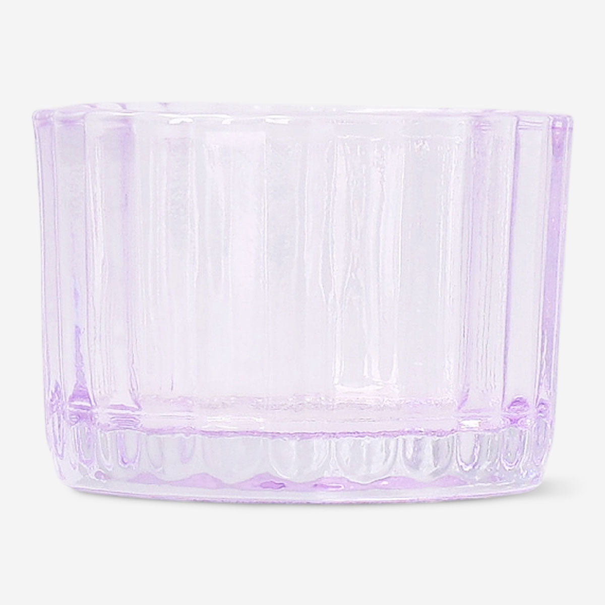Purple glass tealight holder for home decor, featuring a smooth round design and transparent purple finish.