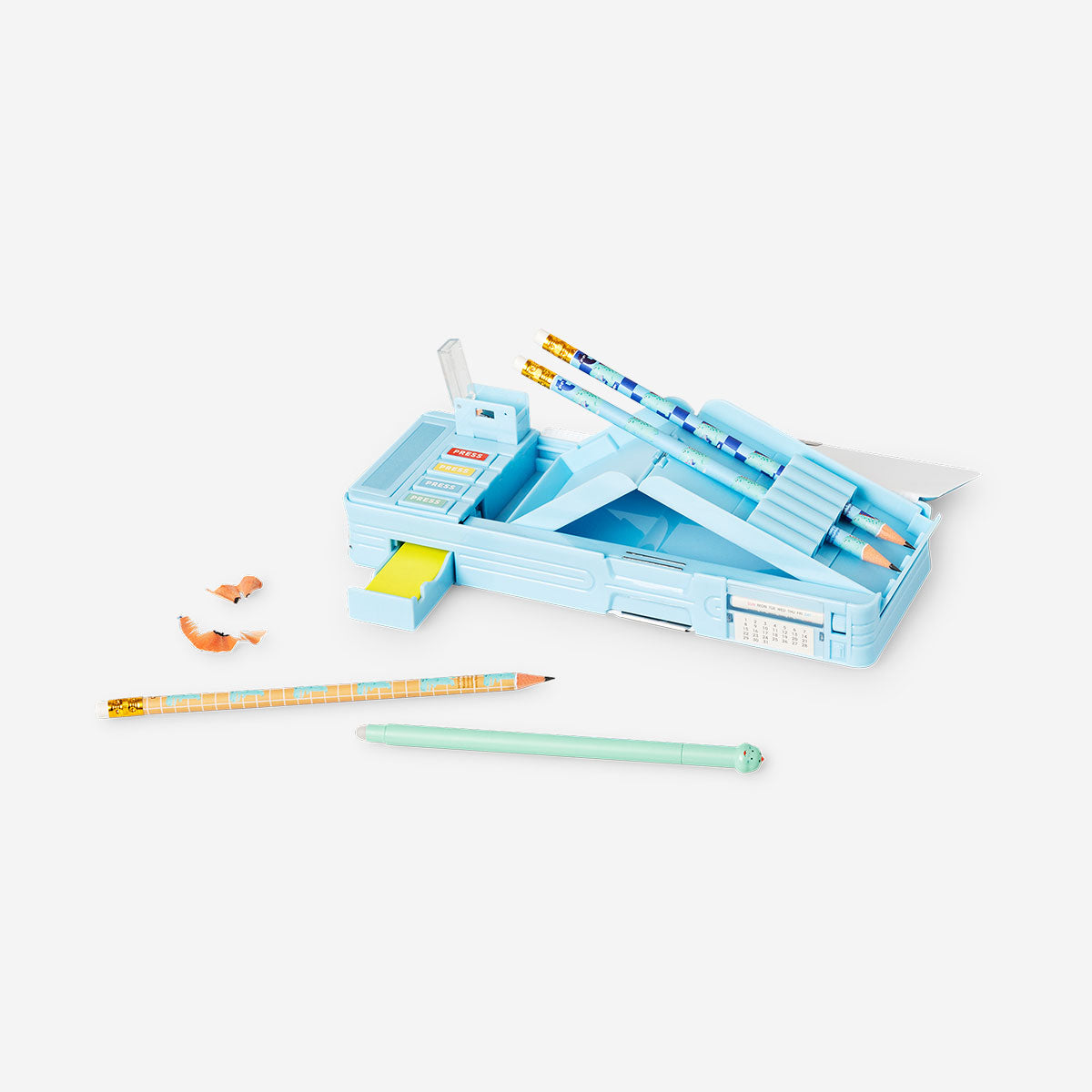 Blue multi-functional office pencil case with a dinosaur design from Flying Tiger Copenhagen, shown open with pens inside.