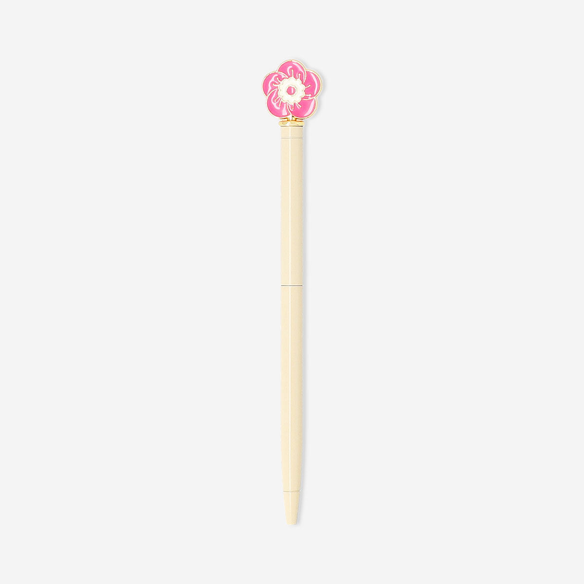 Pink flower topper on a black ballpoint pen from Flying Tiger Copenhagen, perfect for office use.