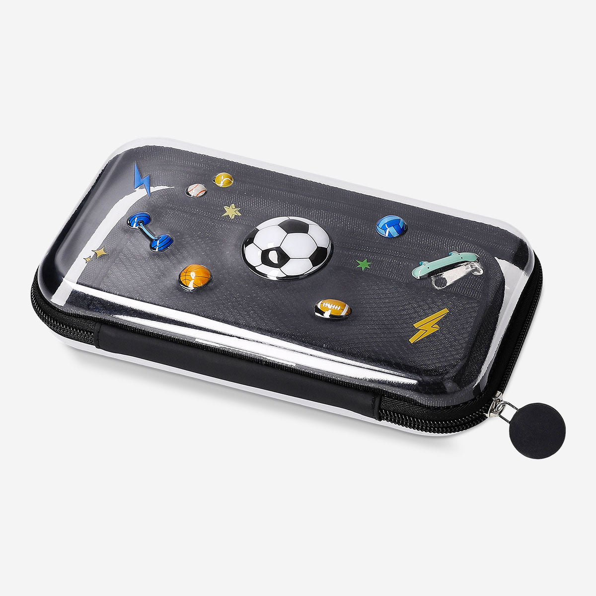 Black Flying Tiger Copenhagen hardcase pencil case with sports icons, designed for office use and organization.