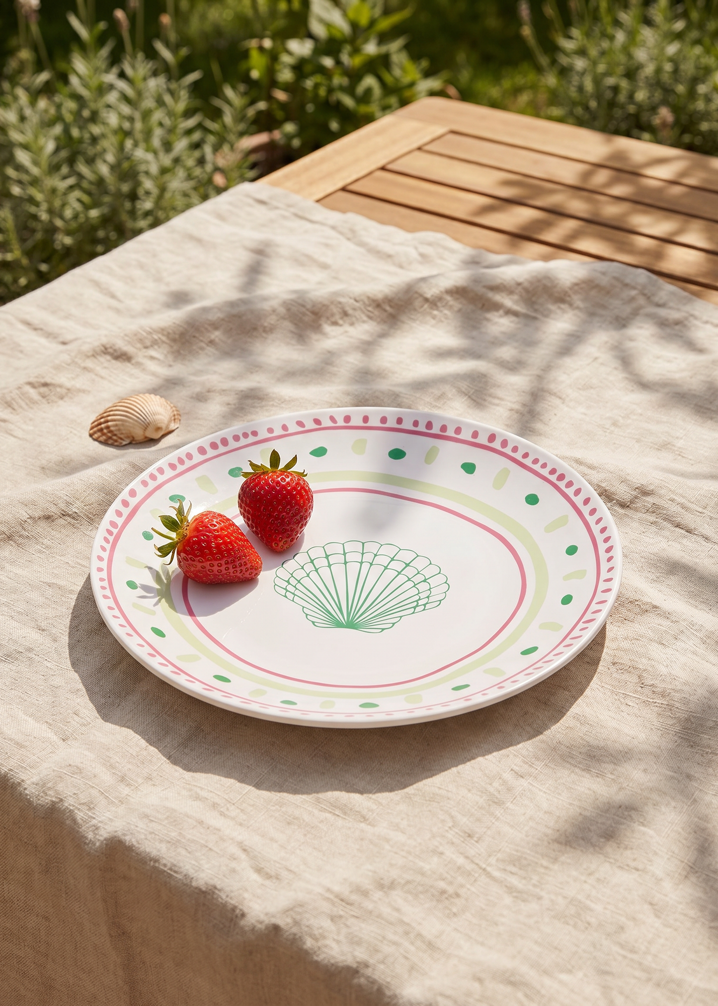 Ceramic kitchen plate with dotted and seashell design, 16 cm, by Flying Tiger Copenhagen, featuring a white background with blue dots and seashells.