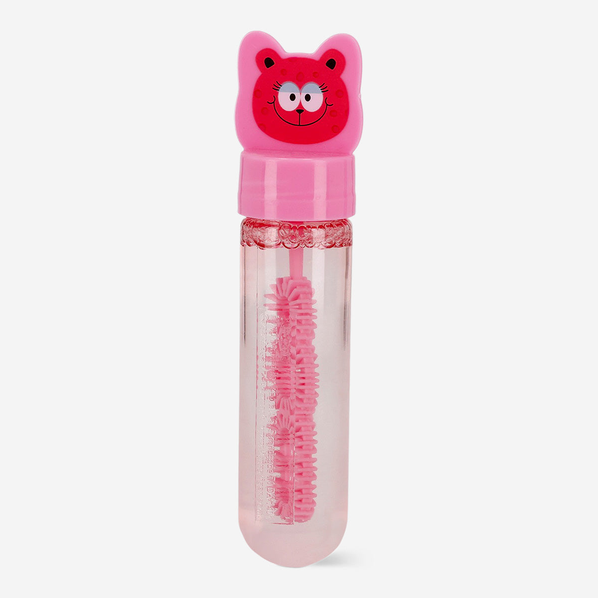 Pink leopard soap bubble toy container from Flying Tiger Copenhagen with colorful soap bubbles inside.