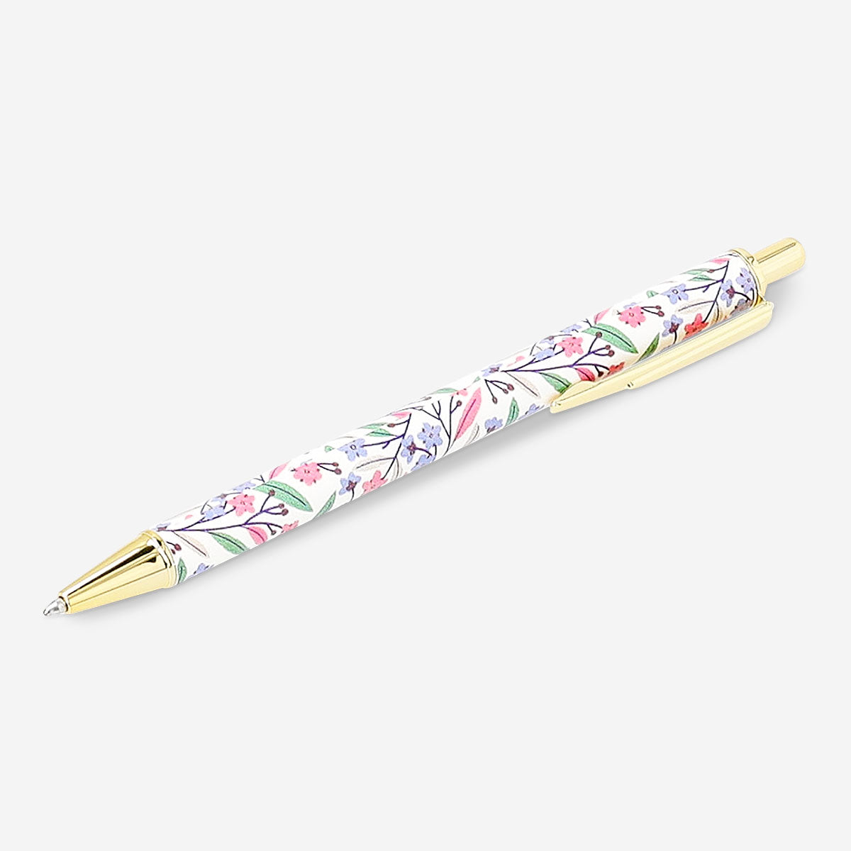 Flying Tiger Copenhagen flower design ballpoint pen for office use, featuring colorful floral patterns on a sleek writing instrument.