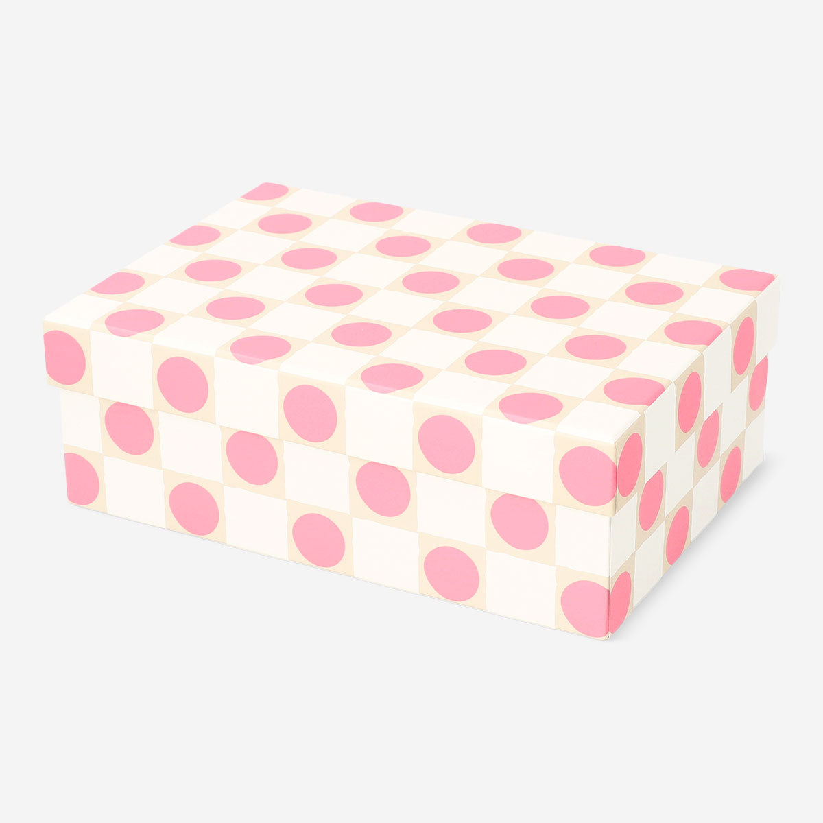 Pink polka dot storage box from Flying Tiger Copenhagen, 14x20 cm home organization container on a flat surface.