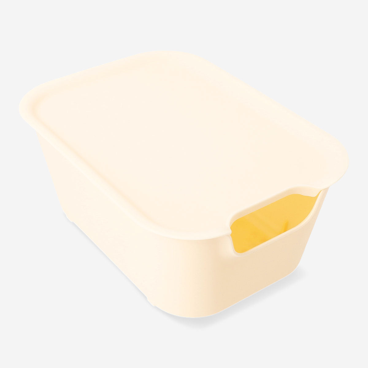 Yellow storage box with lid, 19x26 cm, from Flying Tiger Copenhagen, ideal for organizing home essentials.