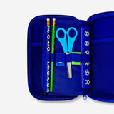 Flying Tiger Copenhagen office pencil case with football-themed design and contents, ideal for organizing stationery.