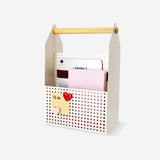 Metal desk organiser with handle for office use, by Flying Tiger Copenhagen, featuring multiple compartments for stationery and supplies.