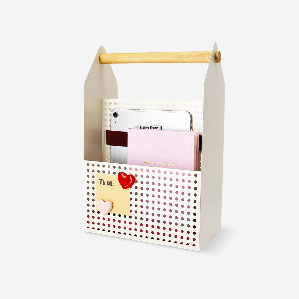 Metal desk organiser with handle for office use, by Flying Tiger Copenhagen, featuring multiple compartments for stationery and supplies.