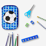 Office pencil case by Flying Tiger Copenhagen featuring a football design with various stationery items inside.