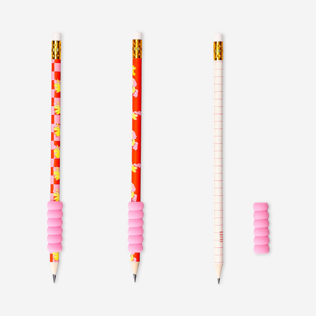 Set of three HB grip pencils with colorful unicorn print by Flying Tiger Copenhagen, designed for office and school use.