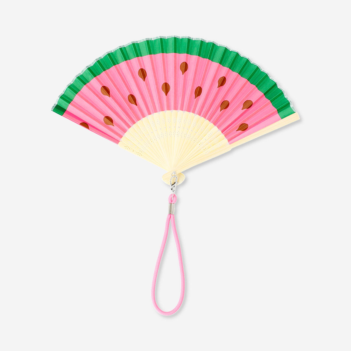 Foldable bamboo fan with watermelon print and strap, lightweight textile accessory by Flying Tiger Copenhagen.