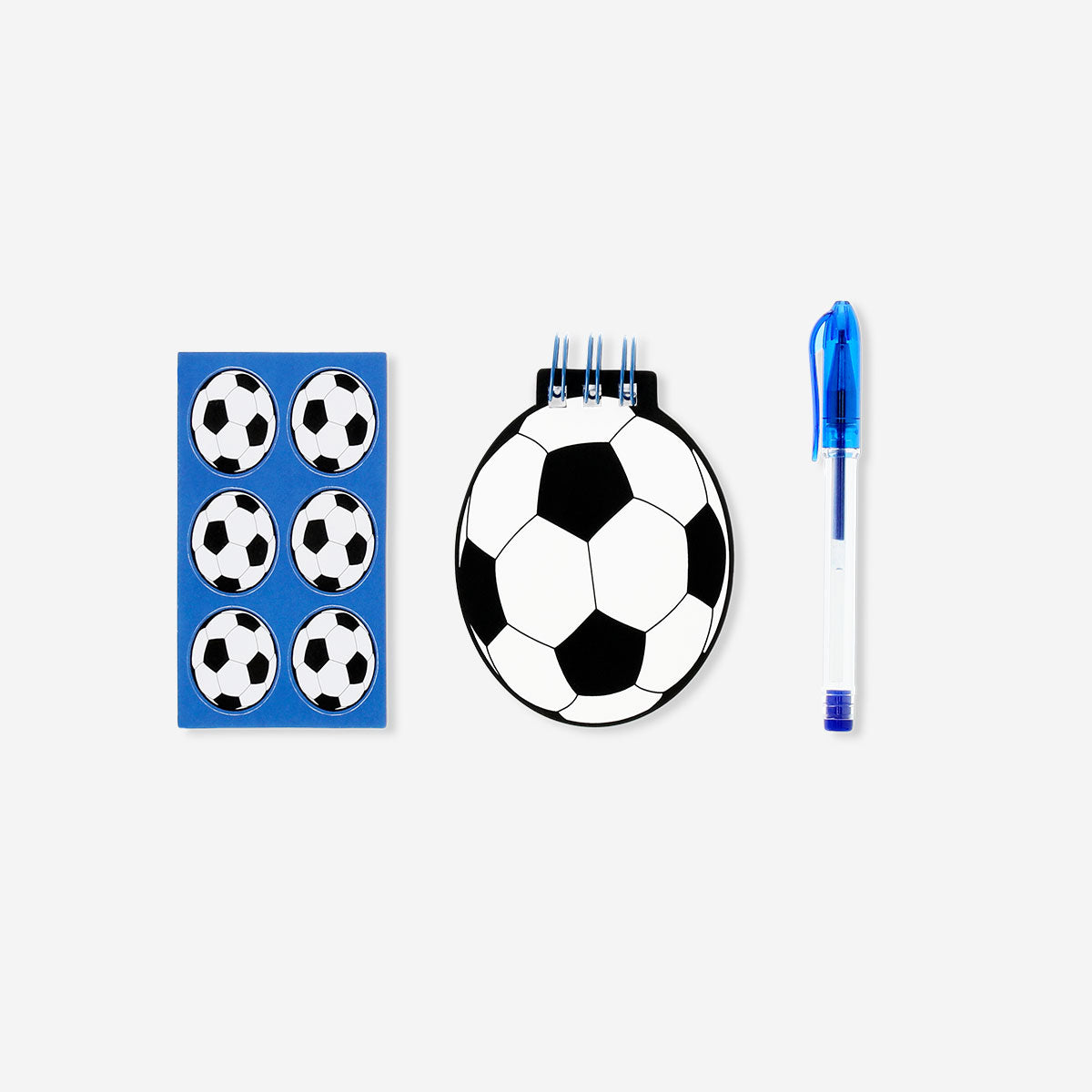 Football-themed stationery kit in a Flying Tiger Copenhagen pouch with pens, pencils, and office supplies inside.