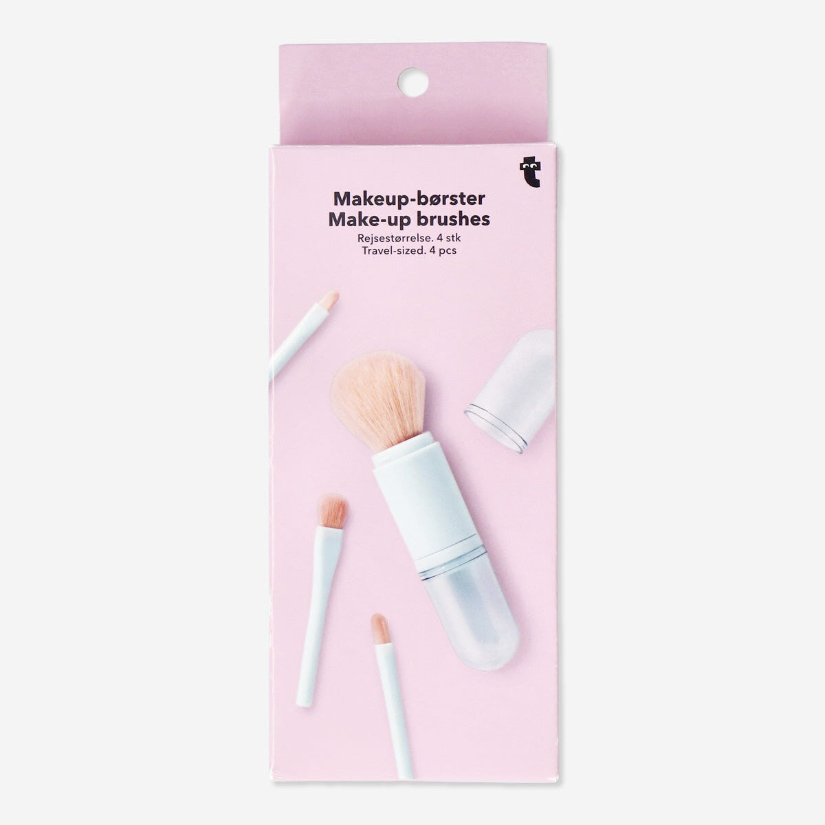 Four-piece multi-coloured travel make-up brushes